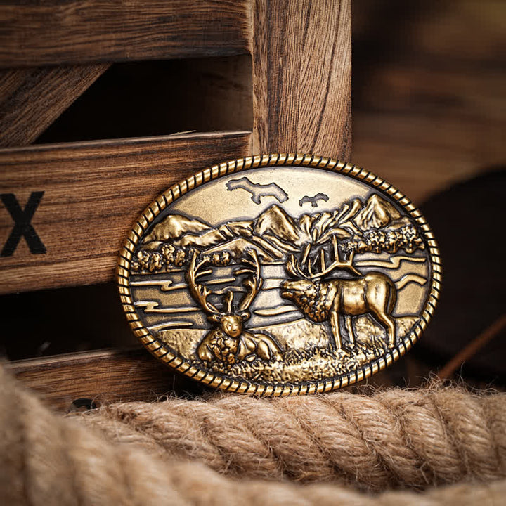Ceinture en cuir à boucle style western pour homme avec motif cerfs sauvages