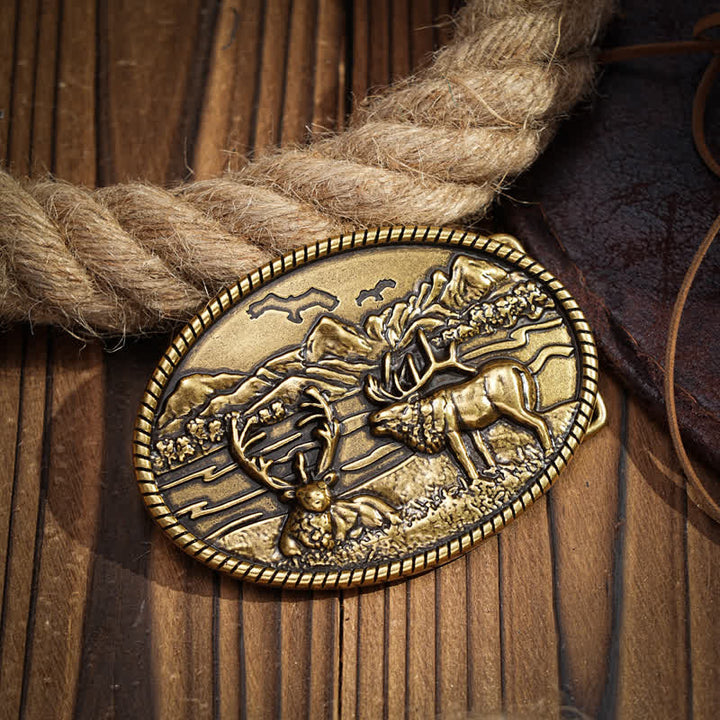 Ceinture en cuir à boucle style western pour homme avec motif cerfs sauvages