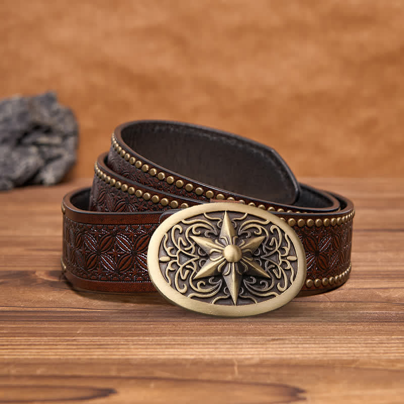 Ceinture en cuir à boucle étoile hexagonale en laiton massif pour homme