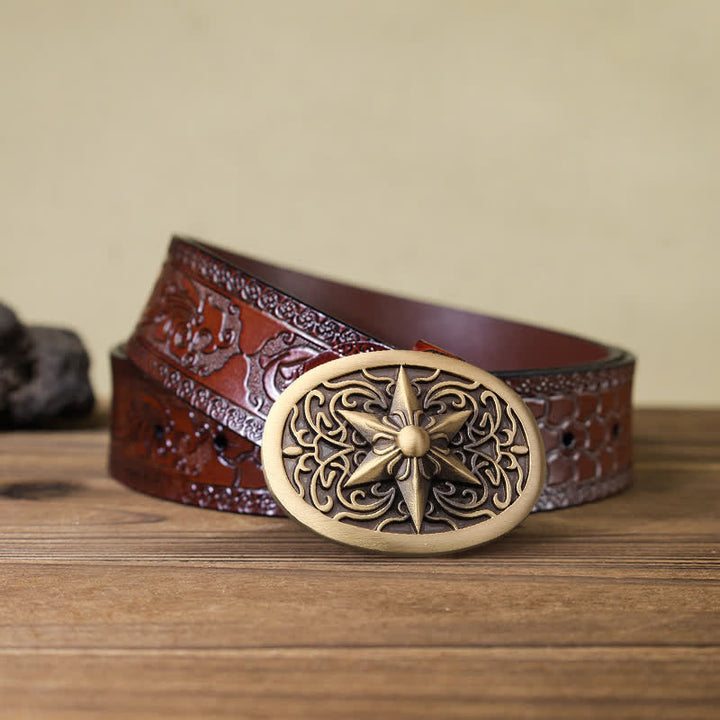 Ceinture en cuir à boucle étoile hexagonale en laiton massif pour homme