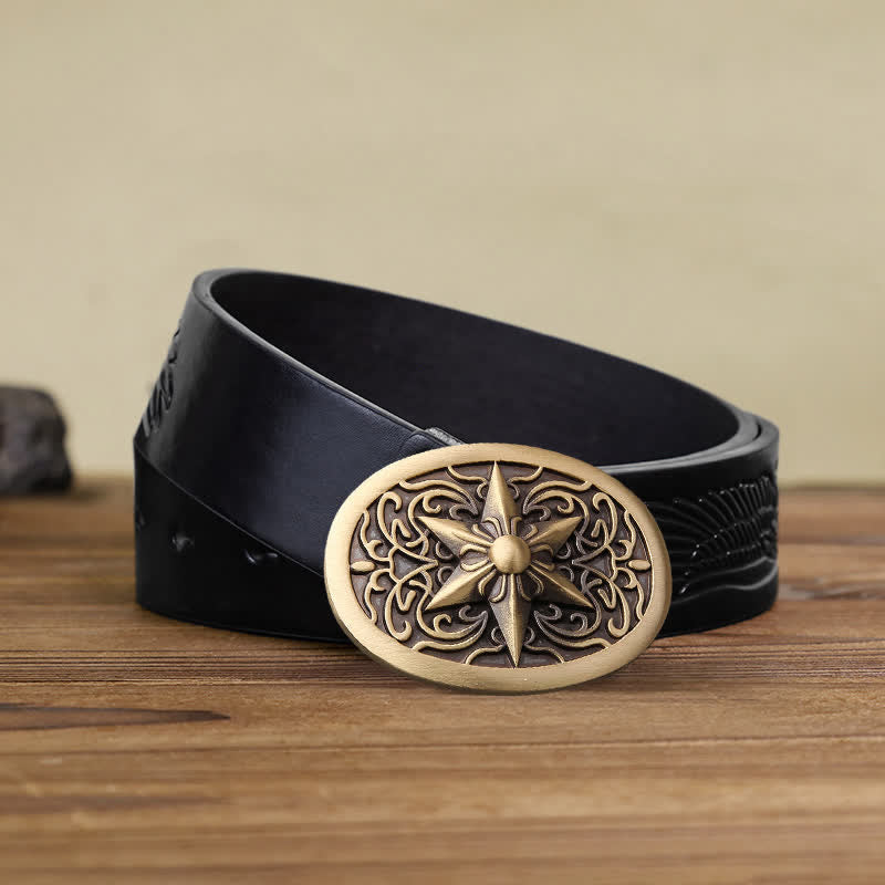 Ceinture en cuir à boucle étoile hexagonale en laiton massif pour homme