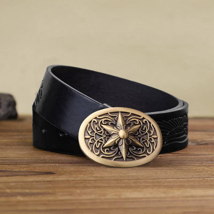 Ceinture en cuir à boucle étoile hexagonale en laiton massif pour homme