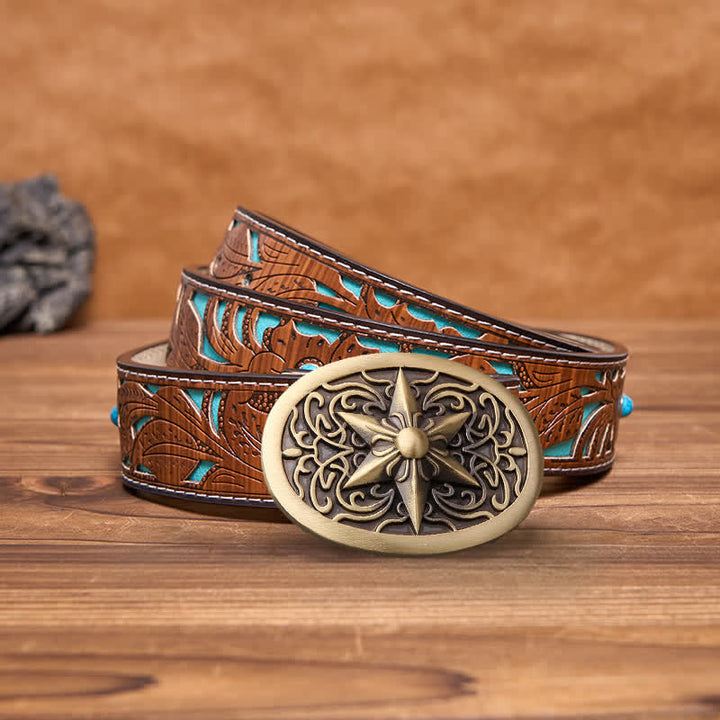 Ceinture en cuir à boucle étoile hexagonale en laiton massif pour homme