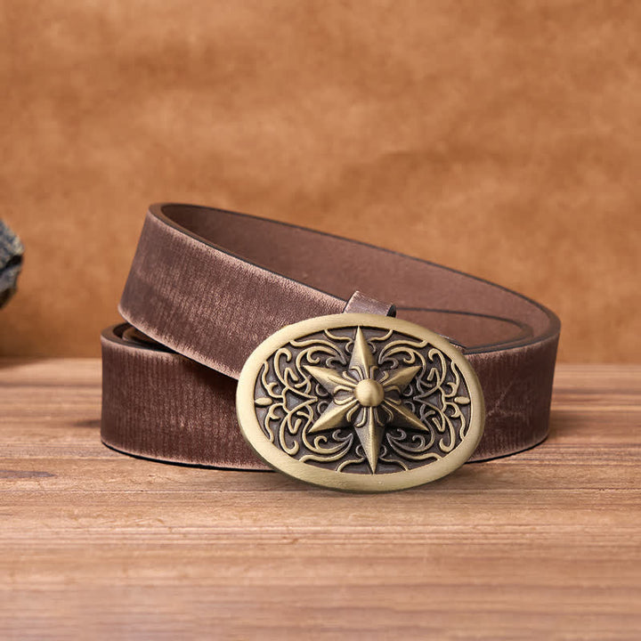 Ceinture en cuir à boucle étoile hexagonale en laiton massif pour homme