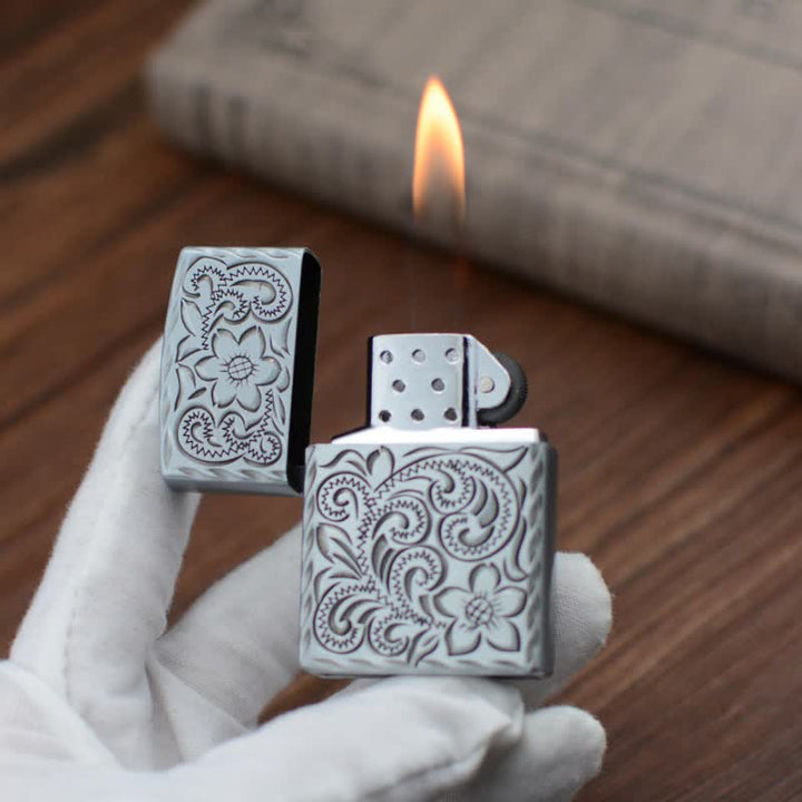 Briquet au butane rechargeable au design élégant en relief de fleurs