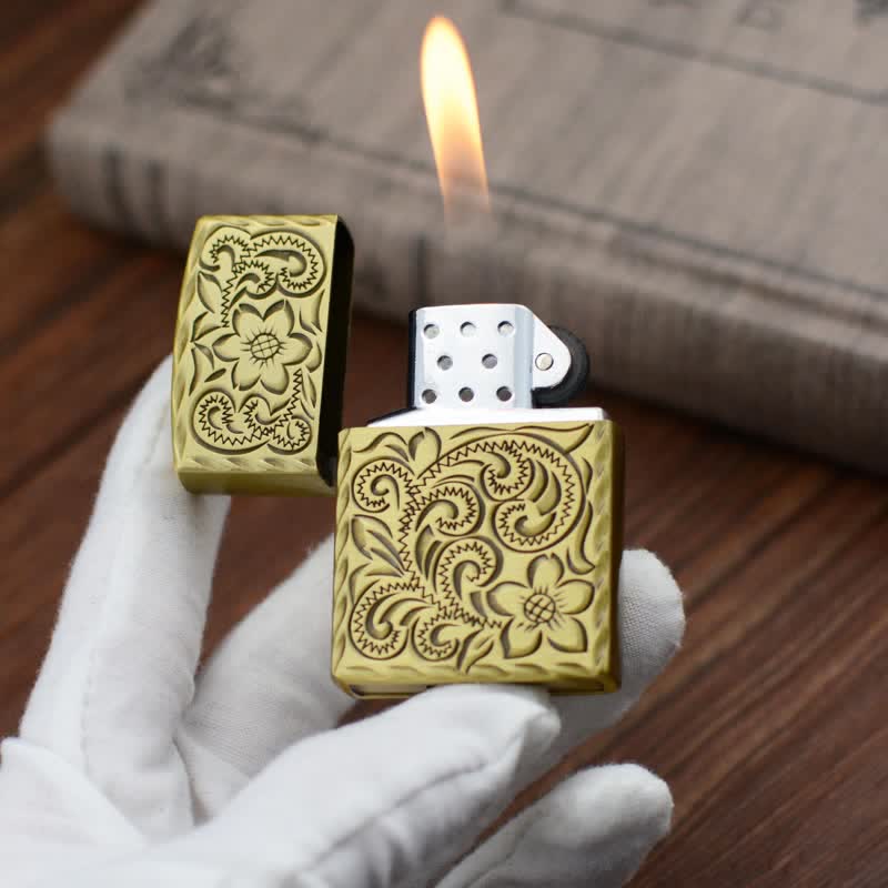 Briquet au butane rechargeable au design élégant en relief de fleurs
