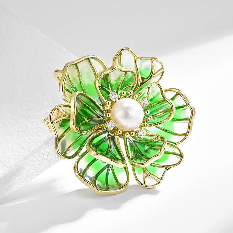 Broche en émail plaqué or pivoine verte pour femme