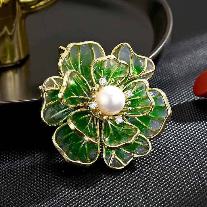 Broche en émail plaqué or pivoine verte pour femme