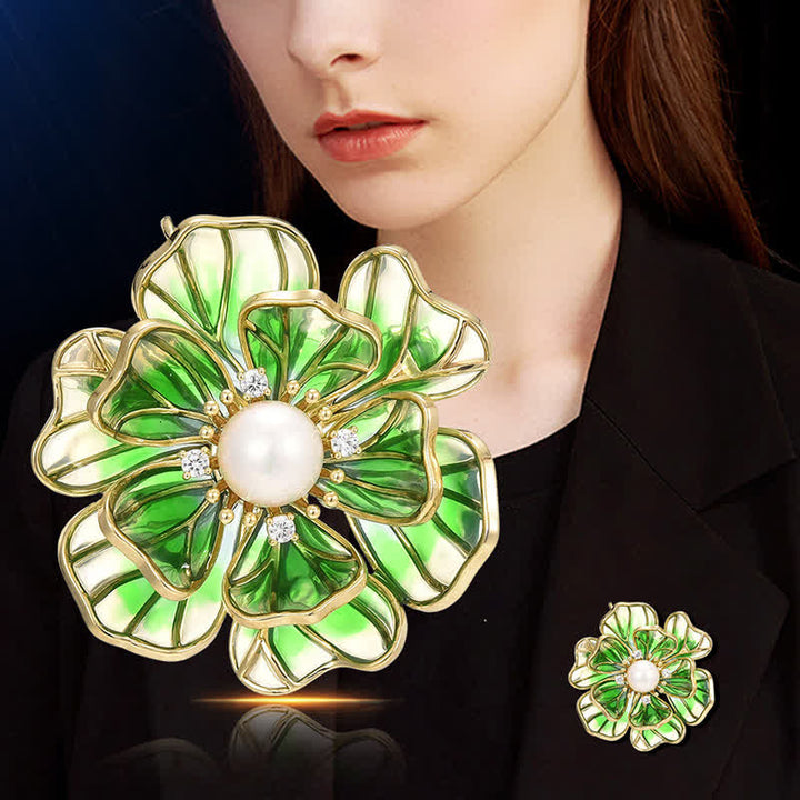 Broche en émail plaqué or pivoine verte pour femme