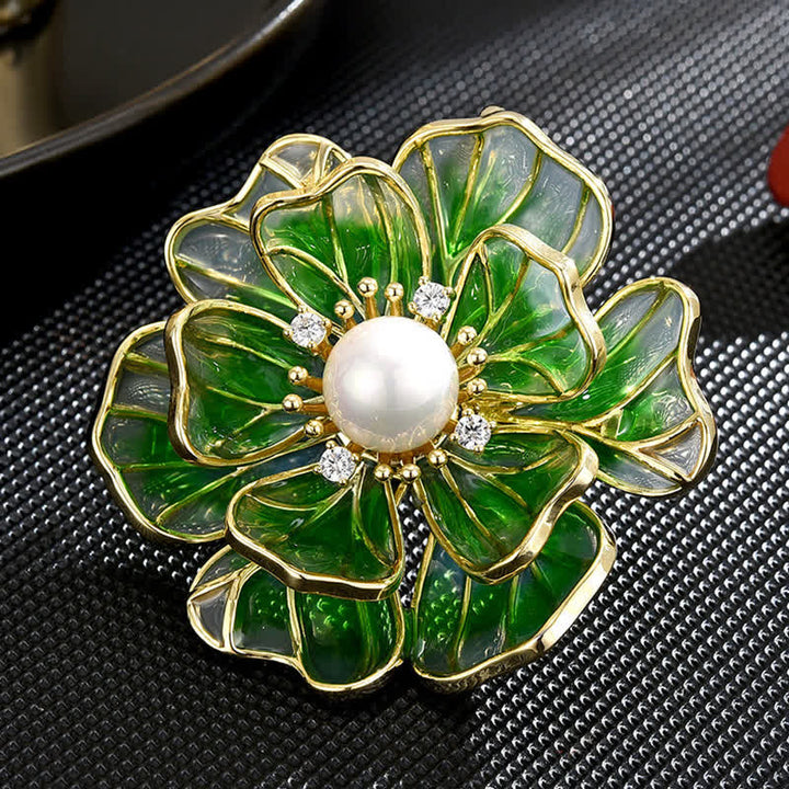 Broche en émail plaqué or pivoine verte pour femme