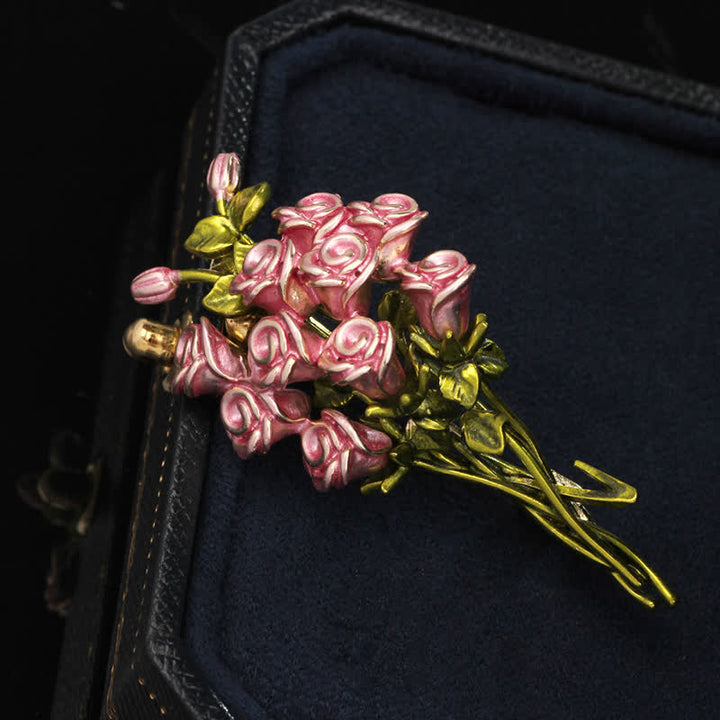 Broche pour femme en forme de bouquet de roses roses et vertes