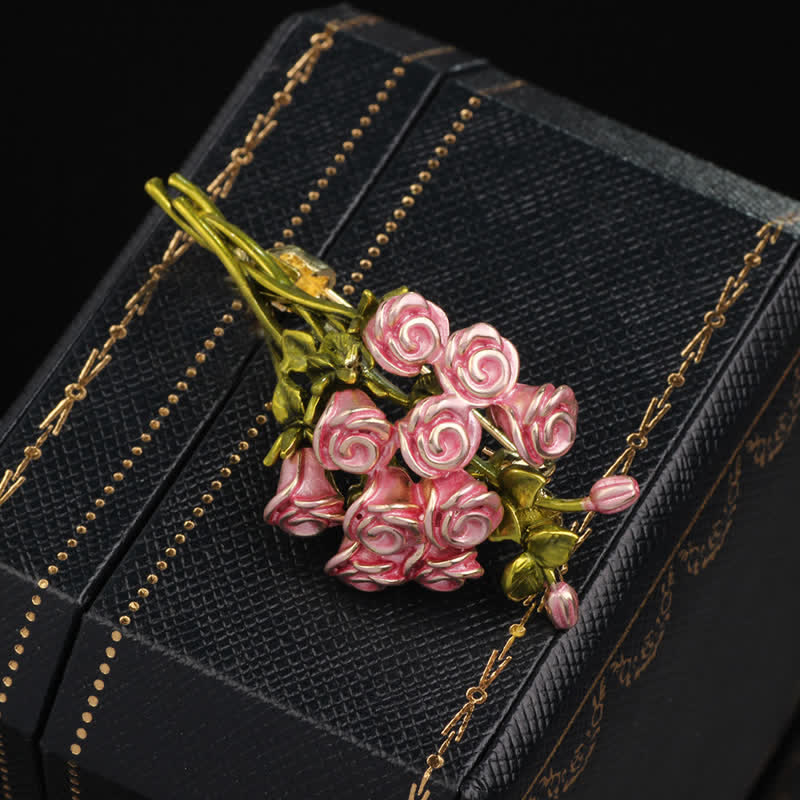 Broche pour femme en forme de bouquet de roses roses et vertes