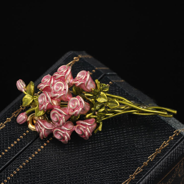 Broche pour femme en forme de bouquet de roses roses et vertes