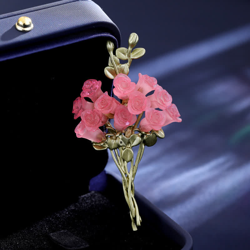 Broche romantique pour femme en forme de bouquet de roses roses et vertes