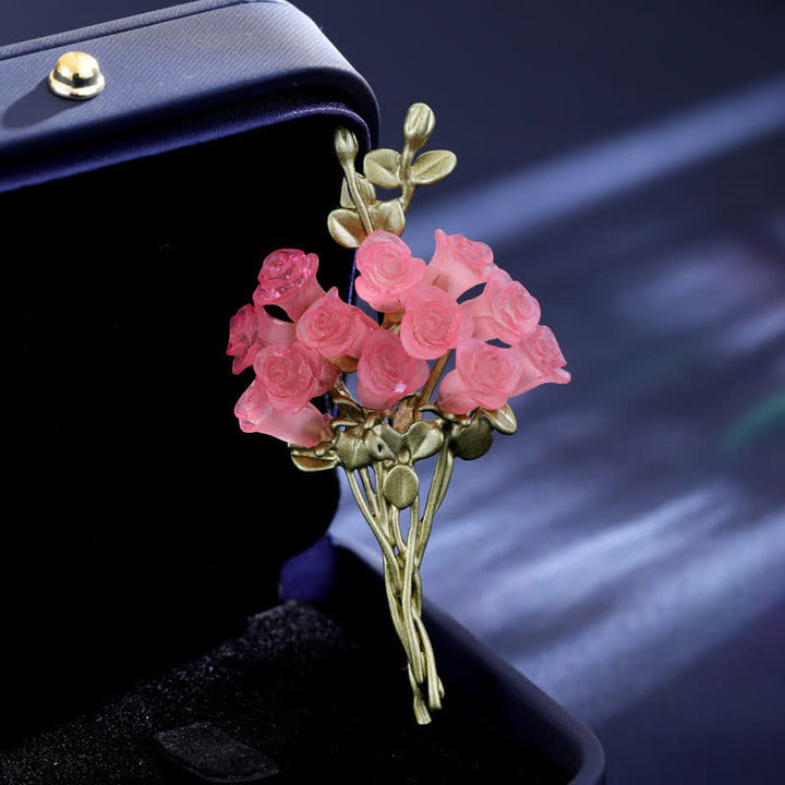 Broche romantique pour femme en forme de bouquet de roses roses et vertes