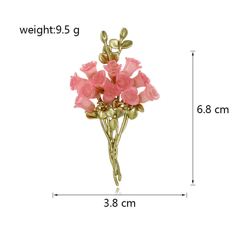 Broche romantique pour femme en forme de bouquet de roses roses et vertes