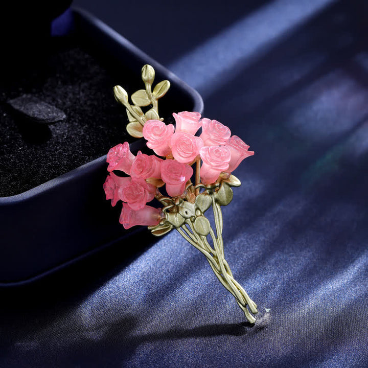 Broche romantique pour femme en forme de bouquet de roses roses et vertes