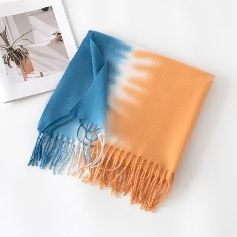 Écharpe unisexe à franges dégradées en faux cachemire - Bleu et orange - image 11
