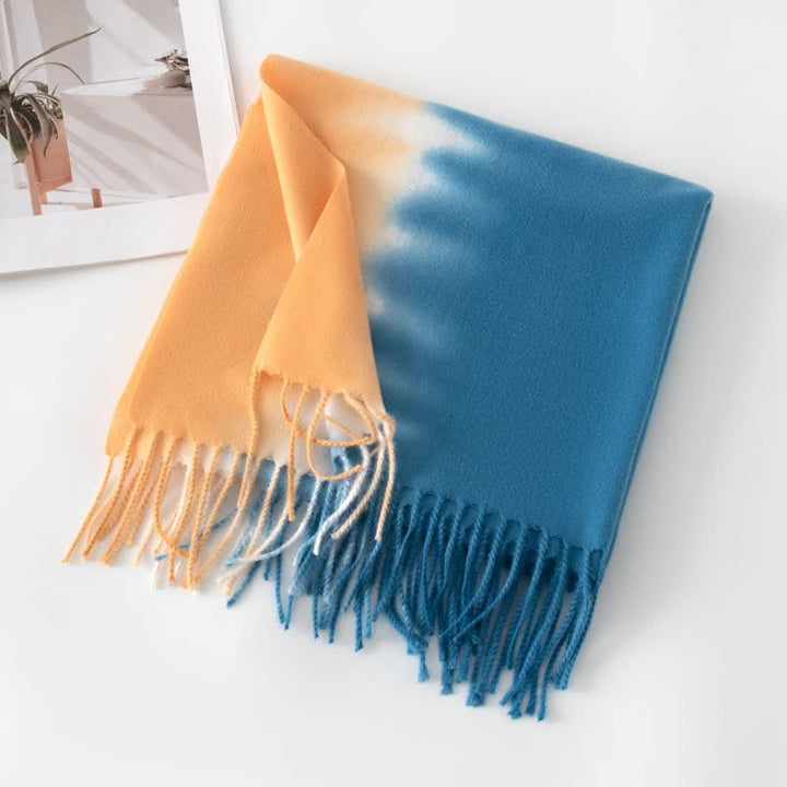 Écharpe unisexe à franges dégradées en faux cachemire - SandyBrown et bleu - image 19