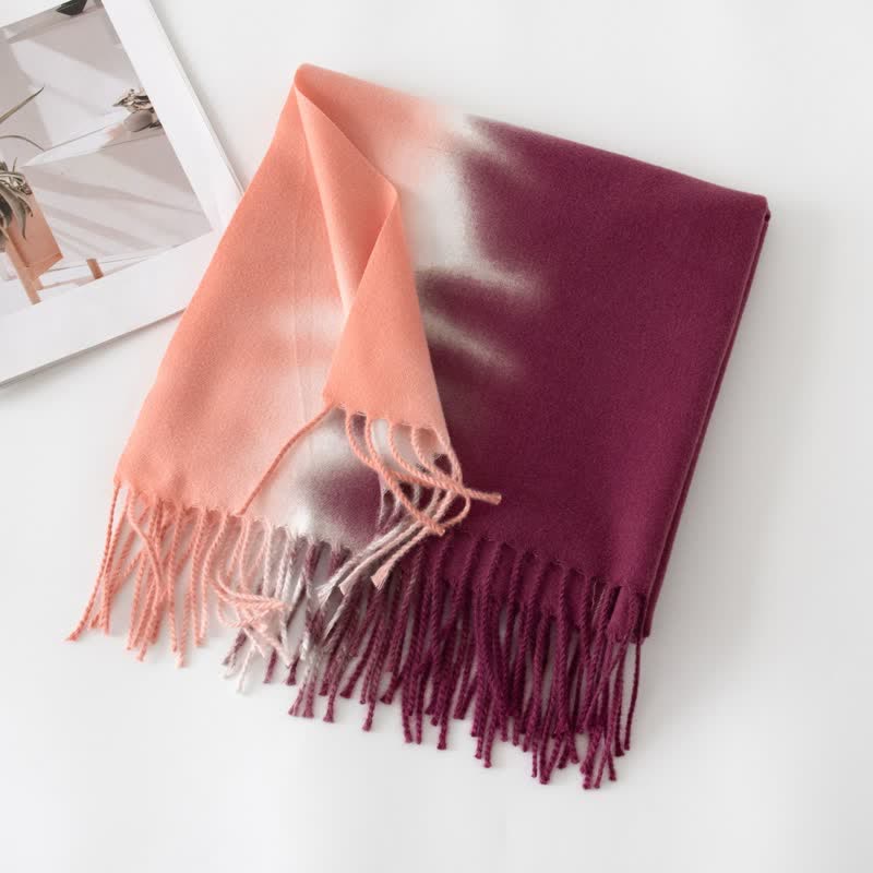 Écharpe unisexe à franges dégradées en faux cachemire - Rose et rouge vin - image 21