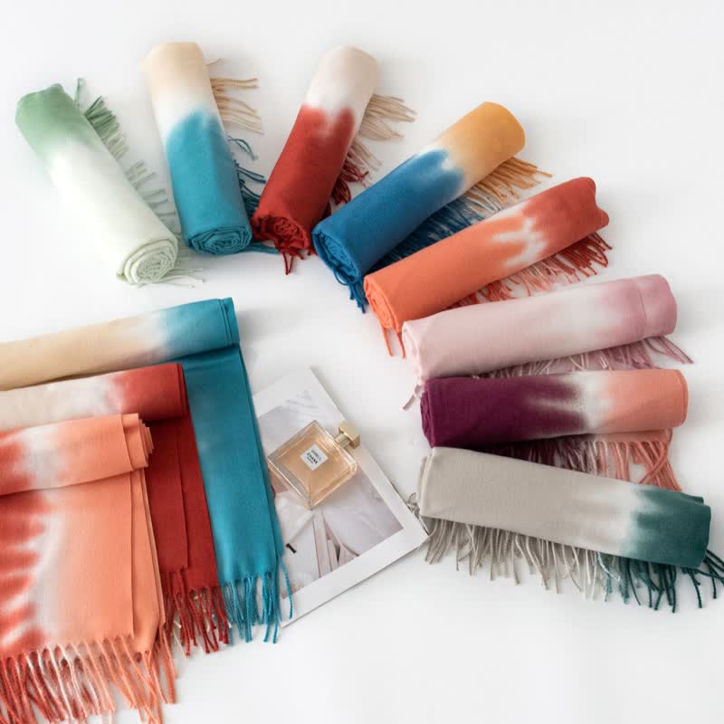 Écharpe unisexe en faux cachemire à franges et dégradé de couleurs