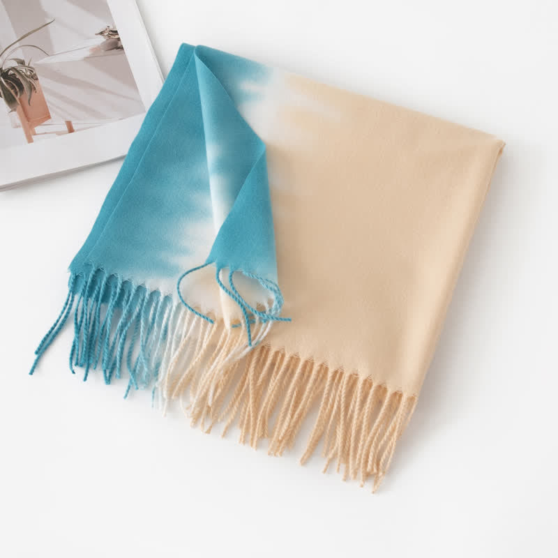 Écharpe unisexe à franges dégradées en faux cachemire - Bleu et beige - image 14