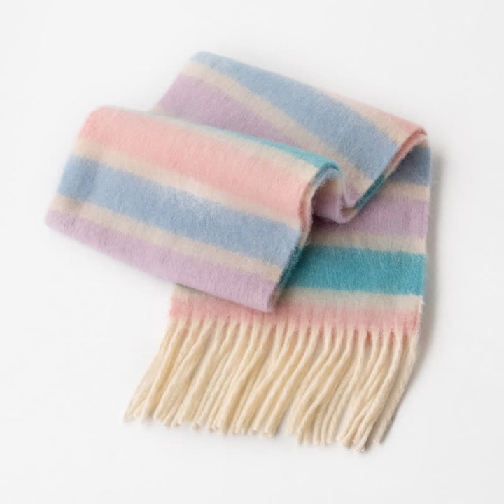 Écharpe unisexe en mohair à pompons de couleur contrastée arc-en-ciel