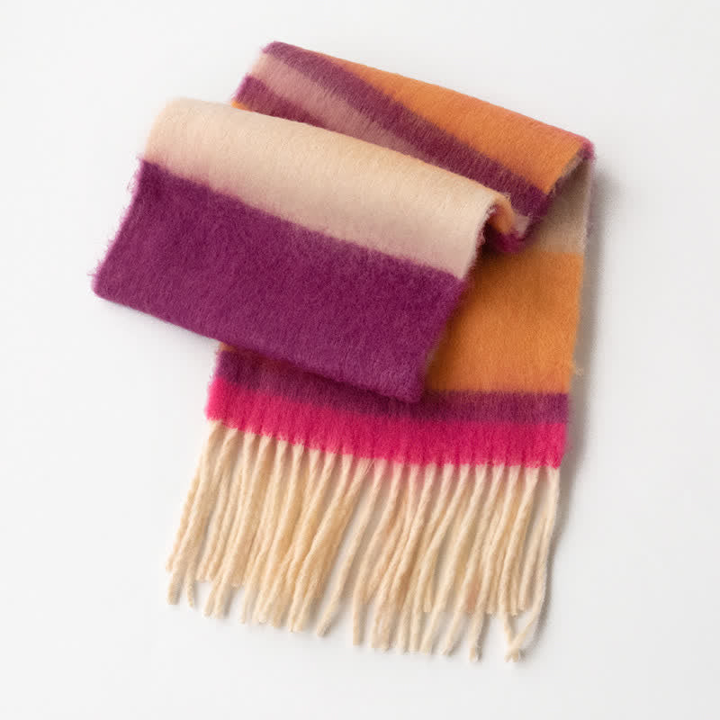 Écharpe unisexe en mohair à pompons de couleur contrastée arc-en-ciel