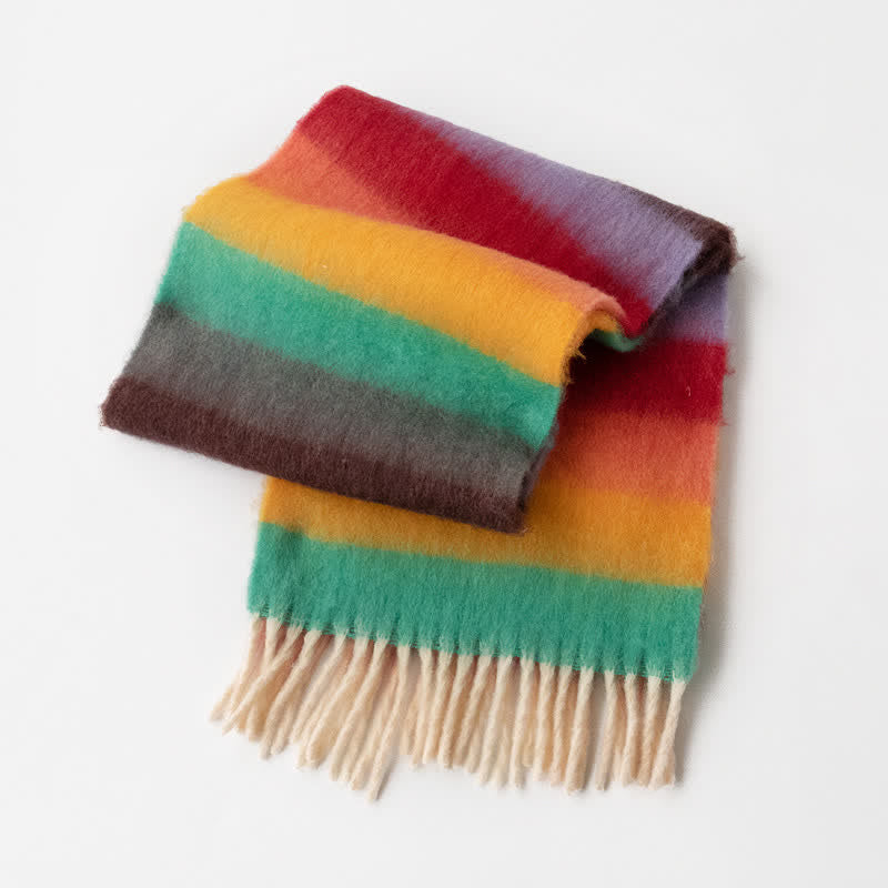 Écharpe unisexe en mohair à pompons de couleur contrastée arc-en-ciel