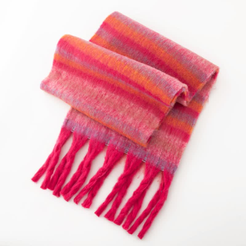 Écharpe unisexe en mohair à pompons de couleur contrastée arc-en-ciel