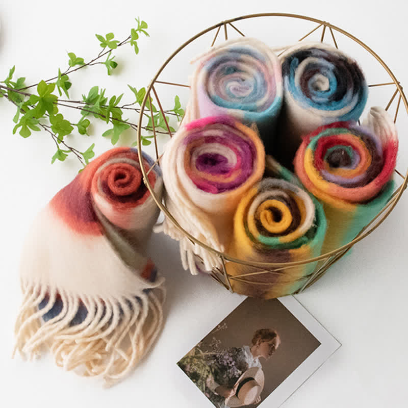 Écharpe unisexe en mohair à pompons de couleur contrastée arc-en-ciel
