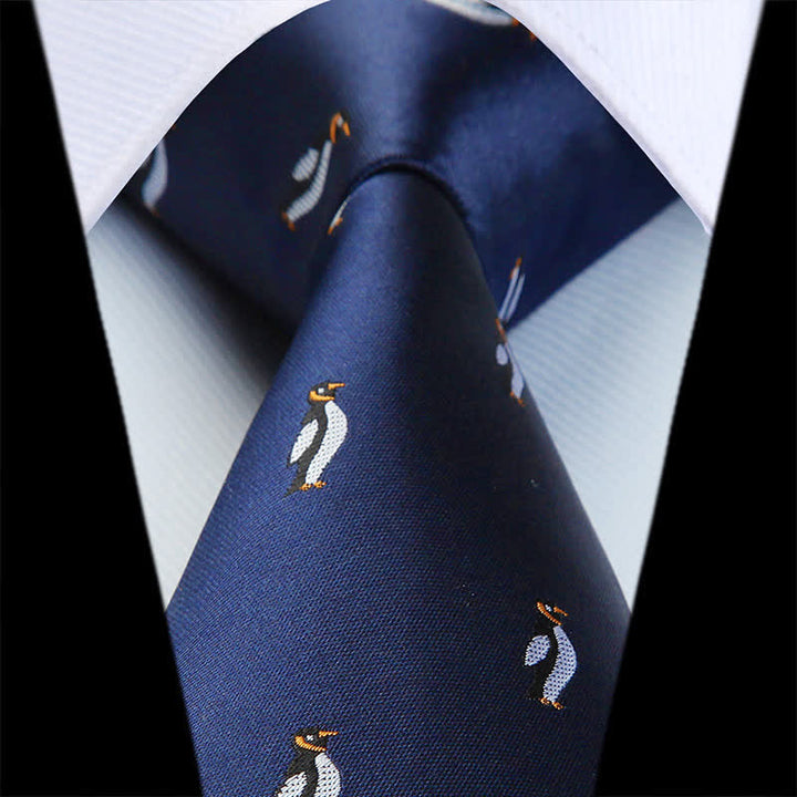 Cravate bleu marine à motif pingouin de dessin animé pour homme