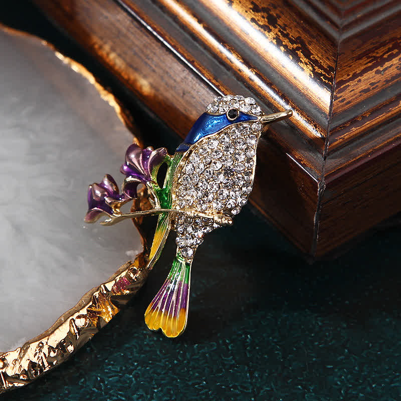 Broche en émail et strass pour femme en forme d'oiseau rose pie