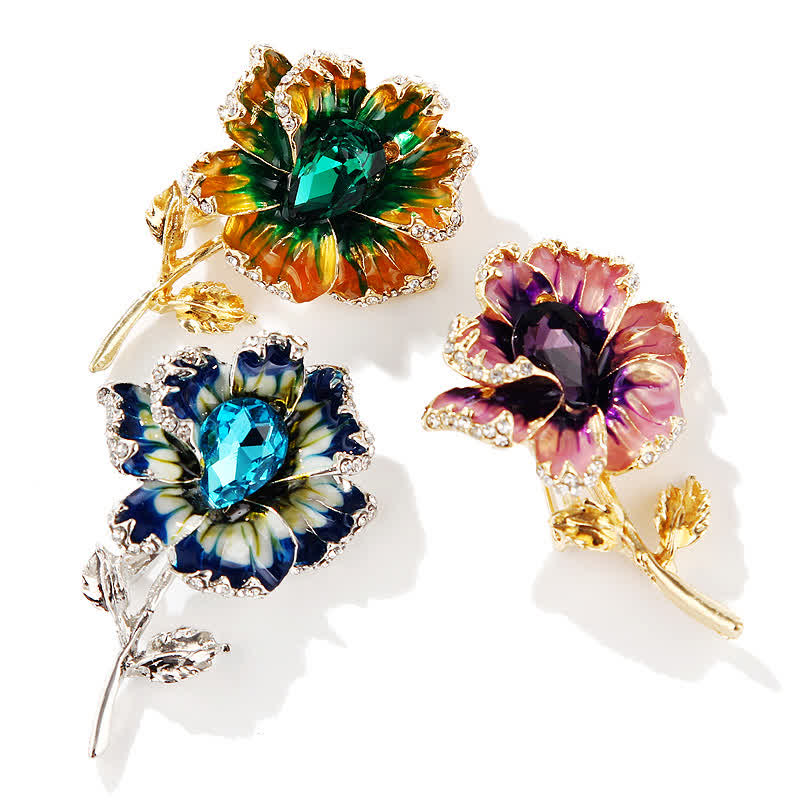 Broche exquise en forme de fleur en cristal émaillé pour femme