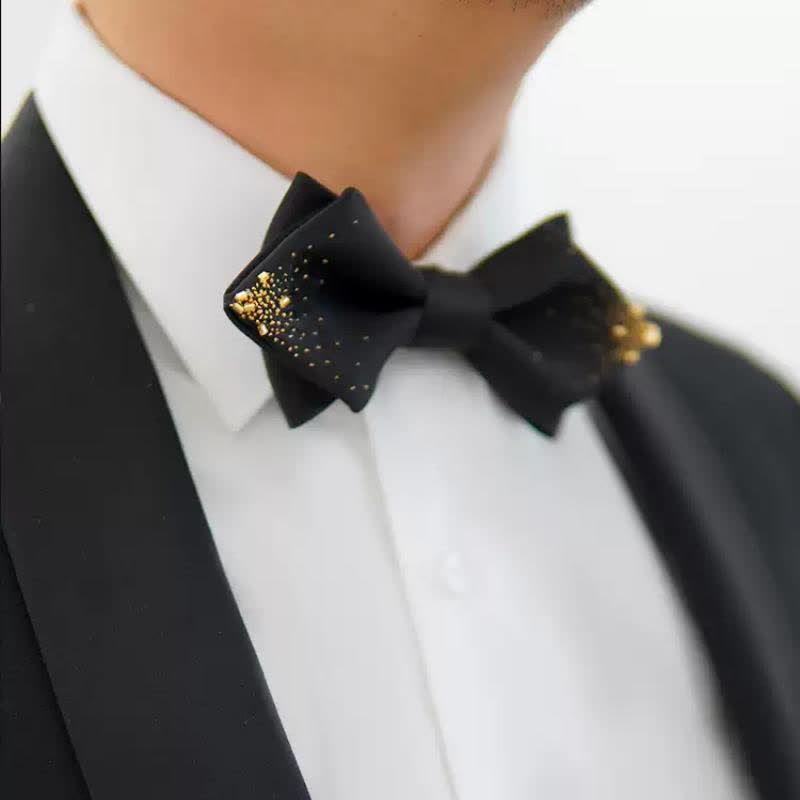 Nœud papillon pointu double épaisseur en fil d'or noir pour homme