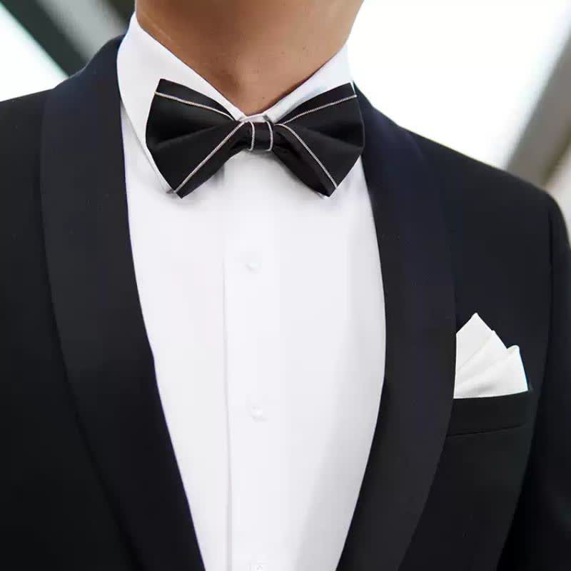 Nœud papillon noir uni avec chaîne et accents argentés pour homme