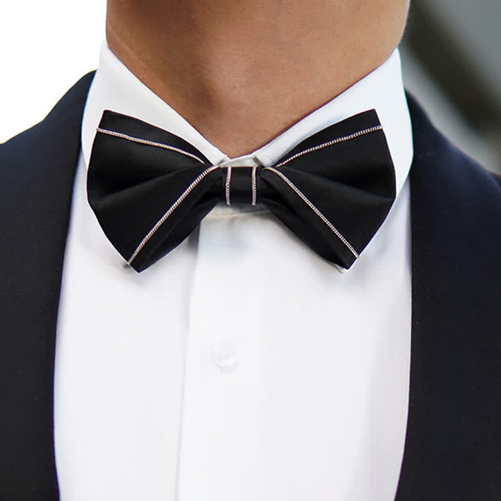 Nœud papillon noir uni avec chaîne et accents argentés pour homme