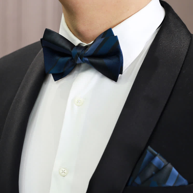 Nœud papillon à rayures bleu acier Noble Navy pour homme - Style n° 3 - Nœud papillon et pochette - image 0