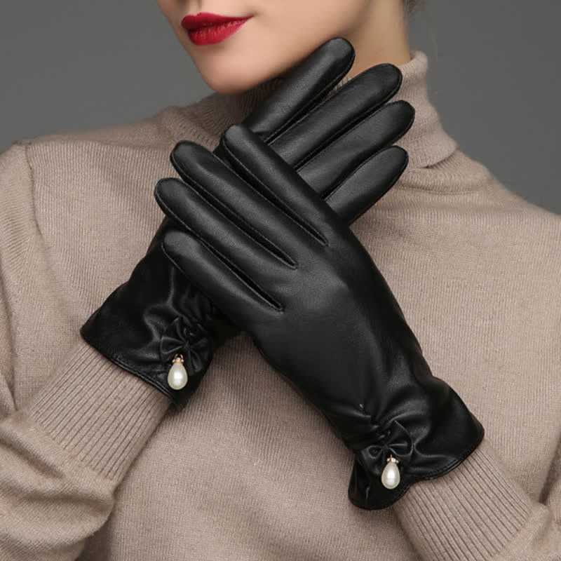 Gants d'hiver en cuir velours et perles pour femmes