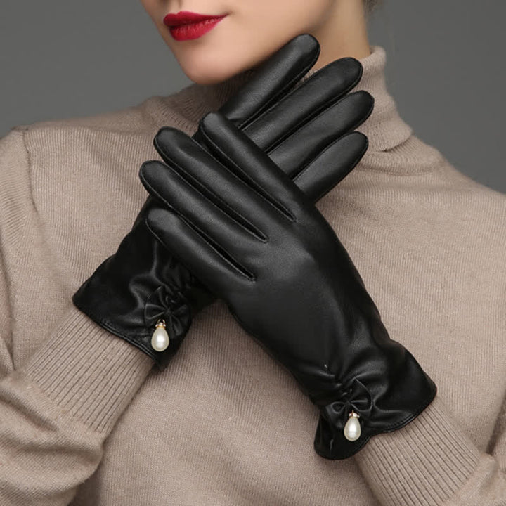 Gants d'hiver en cuir velours et perles pour femmes