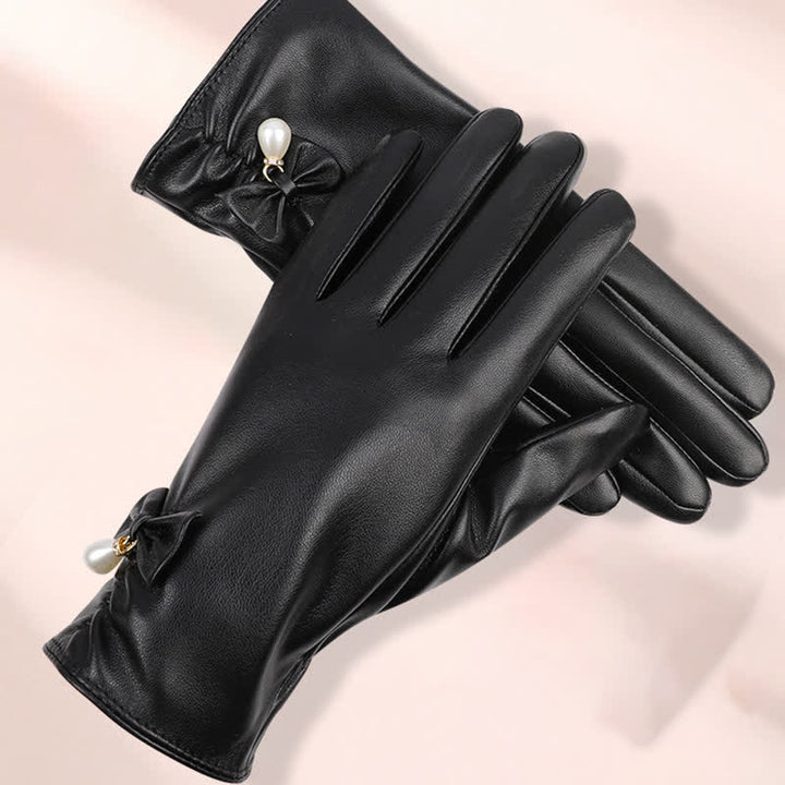 Gants d'hiver en cuir velours et perles pour femmes