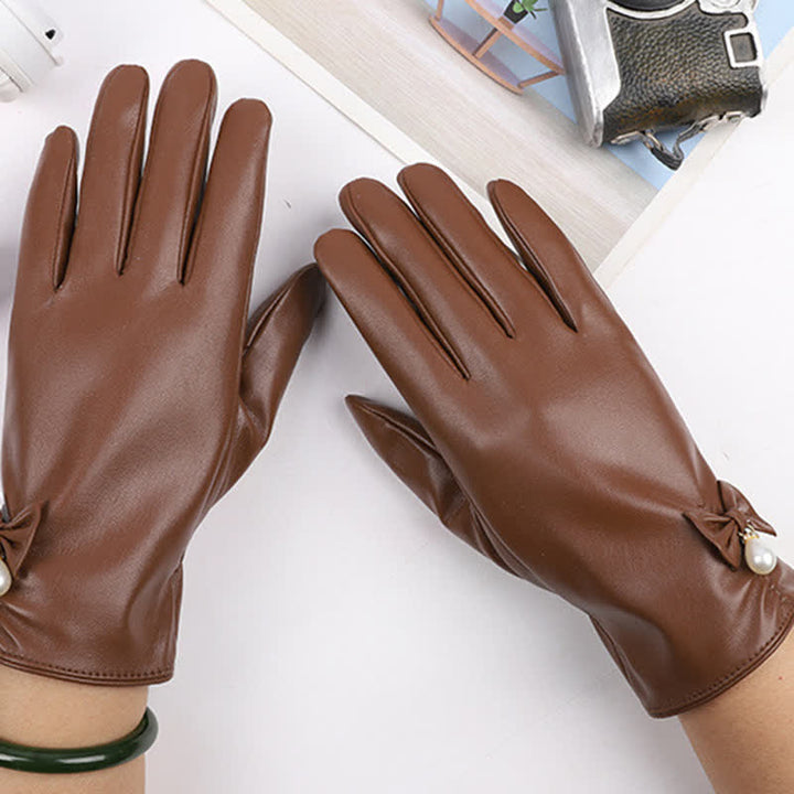 Gants d'hiver en cuir velours et perles pour femmes