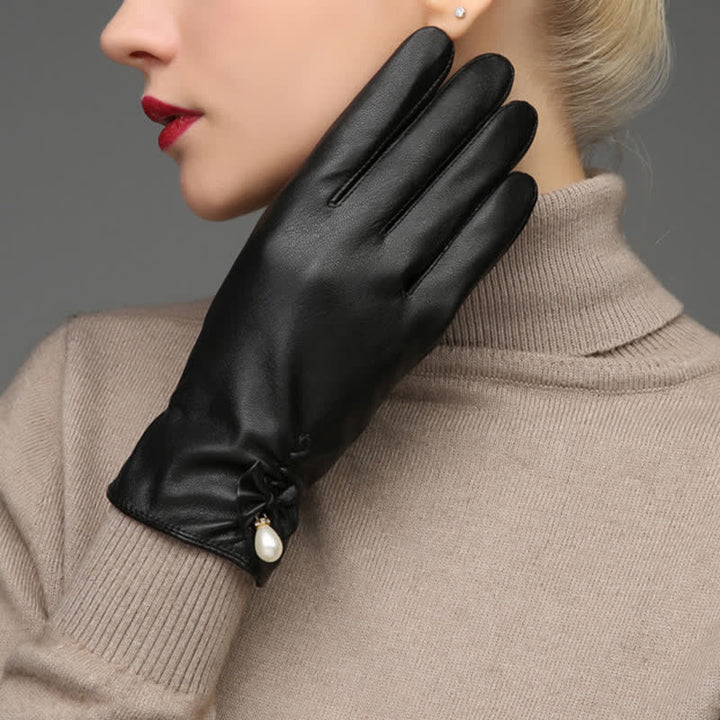 Gants d'hiver en cuir velours et perles pour femmes