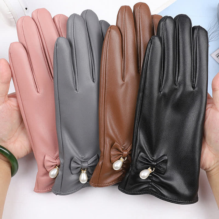 Gants d'hiver en cuir velours et perles pour femmes