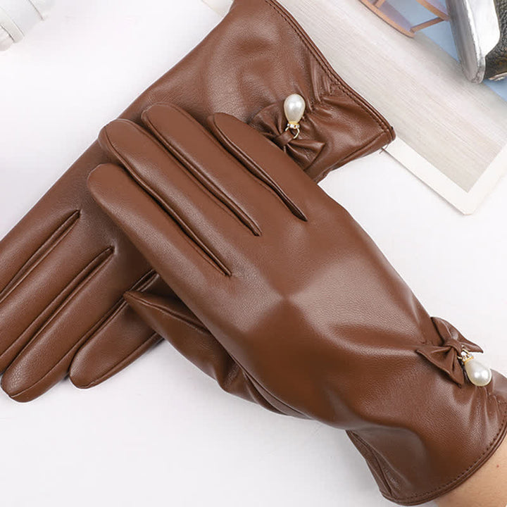Gants d'hiver en cuir velours et perles pour femmes