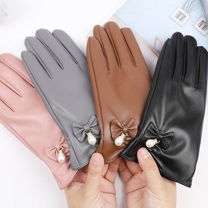 Gants d'hiver en cuir velours et perles pour femmes