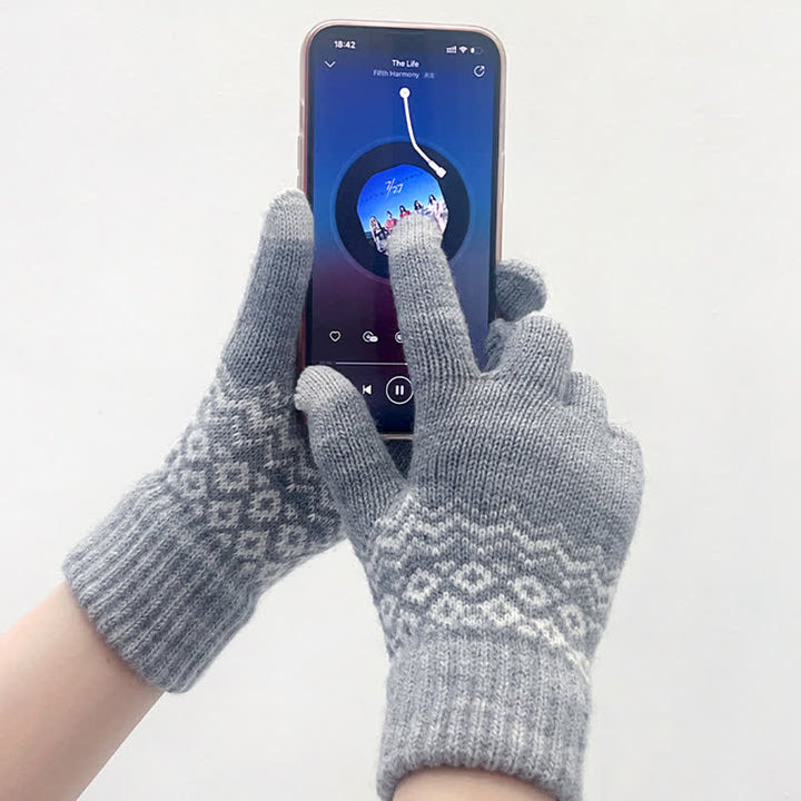Gants tricotés en velours chauds à imprimé vague pour écran tactile