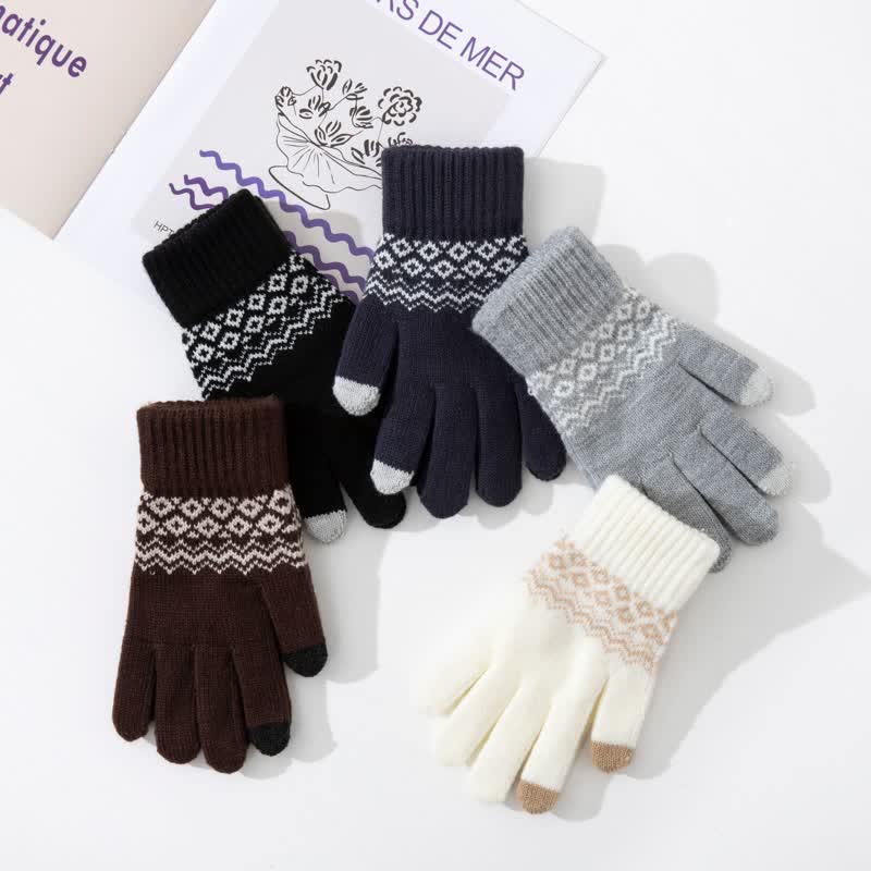 Gants tricotés en velours chauds à imprimé vague pour écran tactile