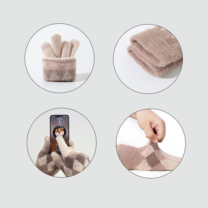 Gants tricotés en peluche chaude à motif de losanges colorés
