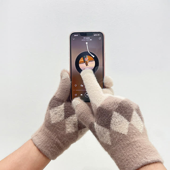 Gants tricotés en peluche chaude à motif de losanges colorés